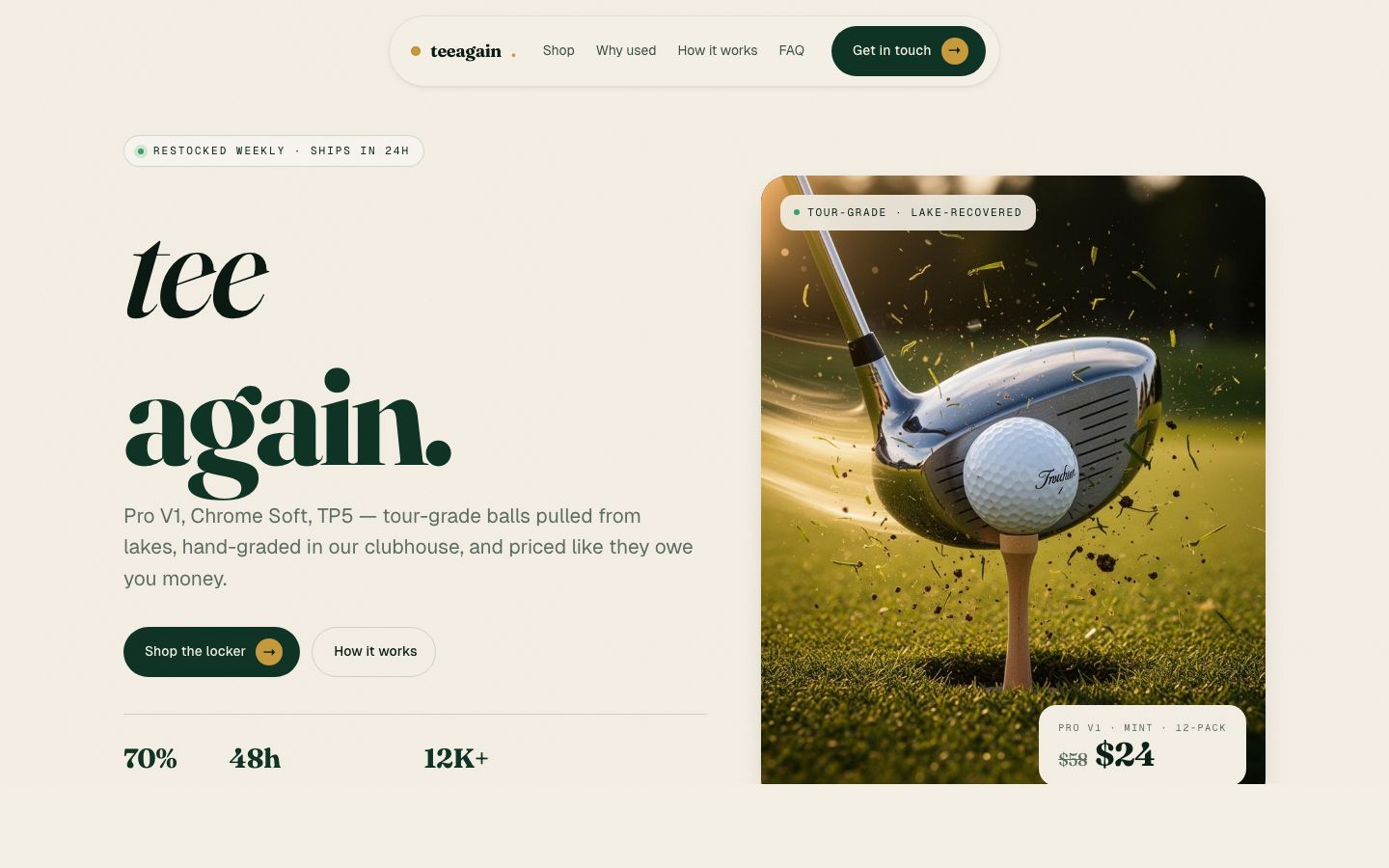 TeeAgain product hero, used golf balls graded and ready to ship
